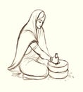 Pencil drawing. Woman working with a millstone