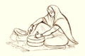 Pencil drawing. Woman working with a millstone Royalty Free Stock Photo