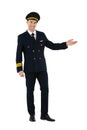 Young airline pilot standing and inviting people on board Royalty Free Stock Photo