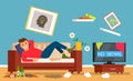 Young alcoholic guy sitting on the couch after a hangover with bottles of beer in a dirty room. flat vector illustration