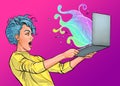 Young amazed woman with laptop in the hand in comic style. IT Advertising poster of smart girl standing and using computer.