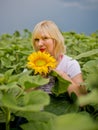 Young amazing beautiful blond girl with a sunflower. Royalty Free Stock Photo