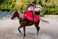 Young amazon riding a purebred horse at the XCaret park in Mexico