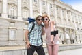 Young American couple enjoying Spain holiday trip taking selfie photo self portrait with mobile phone Royalty Free Stock Photo