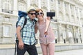 Young American couple enjoying Spain holiday trip taking selfie photo self portrait with mobile phone Royalty Free Stock Photo