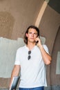 Young American Man with long hair traveling, working in New York City Royalty Free Stock Photo
