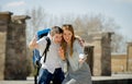 Young American student and tourist couple visiting Egyptian monument taking selfie photo with stick Royalty Free Stock Photo