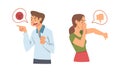 Young Angry Man and Woman Character Expressing Discontent in Social Media with Thumb Down and Angry Emoji Face Vector