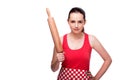 The young angry woman with rolling pin isolated on white Royalty Free Stock Photo