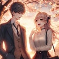 A young anime couple lovers, in fashionable style, stands under a spring tree, looking to each others in lovely face, sunset Royalty Free Stock Photo