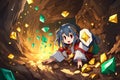 Young Anime Girl Exploring Treasure Filled Cave