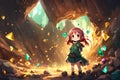 Young Anime Girl Exploring Treasure Filled Cave