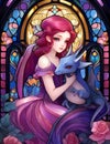 A young anime lady hugging a cute baby dragon, red hair, frozen gaze, soft sadness, stained glass fantasy, anime style, painting