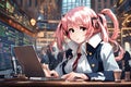 Young Anime Woman Working Diligently At NYSE New York Stock Exchange Royalty Free Stock Photo