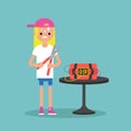 Young anxious blond girl trying to defuse the bomb / flat editable vector illustration, clip art Royalty Free Stock Photo