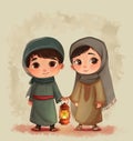 a cartoon arab boy and girl with holding lantern with crescent moon, stars and in background Royalty Free Stock Photo