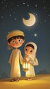 a cartoon arab boy and girl with holding lantern with crescent moon, stars and in background Royalty Free Stock Photo