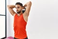 Young arab man training with kettlebell at sport center Royalty Free Stock Photo