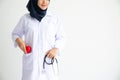 Young Arab Muslim intern doctor women smile on isolate white background concept for Islam people working in medical hospital healt Royalty Free Stock Photo