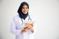 Young Arab Muslim intern doctor women smile on isolate white background concept for Islam people working in medical hospital healt