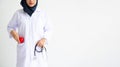 Young Arab Muslim intern doctor women smile on isolate white background concept for Islam people working in medical hospital healt Royalty Free Stock Photo