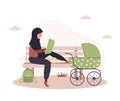 Young arab woman walking with her newborn child in an green pram. Girl sitting with a stroller and a baby in park in the Royalty Free Stock Photo