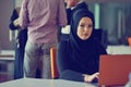 Young Arabic business woman wearing hijab,working in her startup office. Diversity, multiracial concept Royalty Free Stock Photo