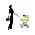 Young arabic woman in hijab with a pram and baby