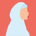 Young Arabic woman with white hijab. Face features of a Muslim adult girl in middle east region banner. Women empowerment concept