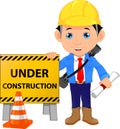 Young architect cartoon with under construction sign