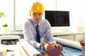 Young Architect Freelance Man Working on Blueprint Royalty Free Stock Photo