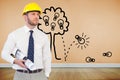 Young architect posing with hard hat and plan