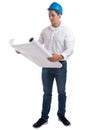 Young architect reading plan full body portrait occupation job i Royalty Free Stock Photo