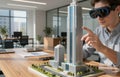 Architect in Vr Headset Interacting with a Modern Skyscraper Model on a Desk Royalty Free Stock Photo