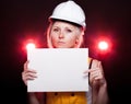 Young architect woman construction worker, empty poster Royalty Free Stock Photo