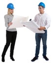 Young architects reading plan full body portrait standing occupation job isolated