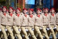 Young army men of the All-Russian military-patriotic movement `Yunarmiya` on Red Square during the dress rehearsal the parade Vic