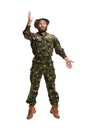 Young army soldier wearing camouflage uniform isolated on white Royalty Free Stock Photo