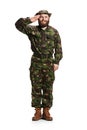 Young army soldier wearing camouflage uniform isolated on white Royalty Free Stock Photo