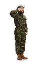 Young army soldier wearing camouflage uniform isolated on white Royalty Free Stock Photo