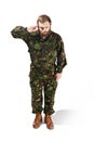 Young army soldier wearing camouflage uniform isolated on white Royalty Free Stock Photo