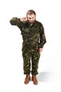 Young army soldier wearing camouflage uniform isolated on white Royalty Free Stock Photo