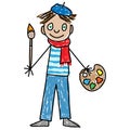 Young artist with brush and palette. Children art school. Kids Drawing style vector