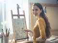 Young artist working on an abstract painting in the atelier