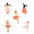 Young Artistic Female Ballet Dancer in Tutu Skirt and Pointe Shoes Performing Theatrical Play Vector Set