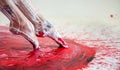 Young artistically abstract painted woman ballerina with black red white, paint, pokes her feet in red paint, Creative body art Royalty Free Stock Photo