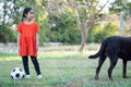 A young Asain girl playing football with her big black dog outside the grass ground in the yard in the evening Royalty Free Stock Photo