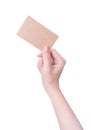 Young asia clean girl hand holding a blank kraft brown paper card template isolated on white background, clipping path, close up, Royalty Free Stock Photo