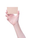 Young asia clean girl hand holding a blank kraft brown paper card template isolated on white background, clipping path, close up, Royalty Free Stock Photo