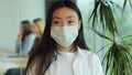 Young Asia lady in medical mask standing in contemporary meeting room. Portrait of successful beautiful executive asian Royalty Free Stock Photo